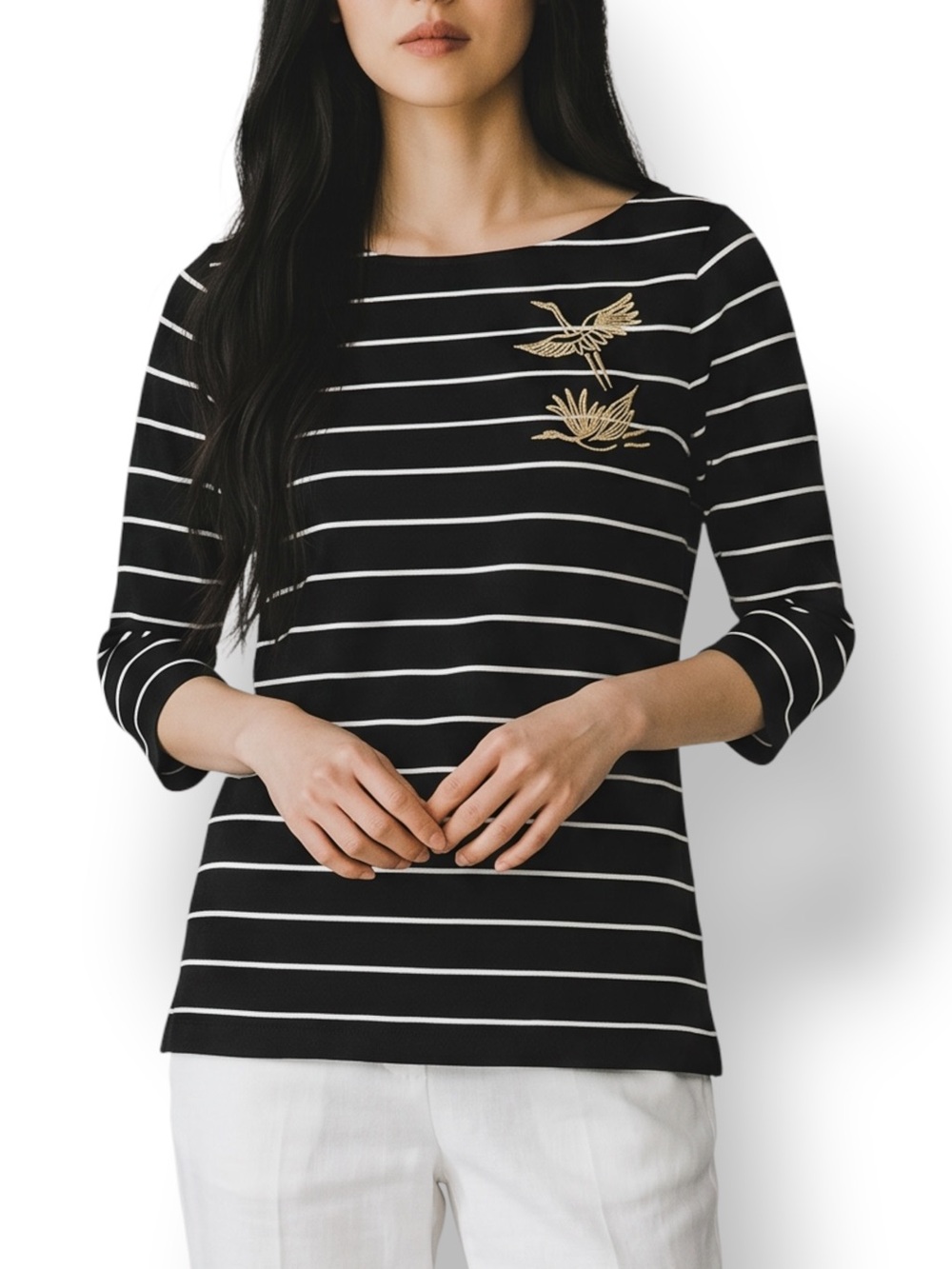 4/$20 a new day Black White Striped Gold Embroidered Bird Top Medium